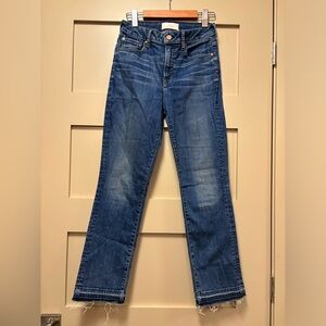 THE CASTINGS High Rise Straight Crop Stretch Denim Raw Hem Medium Wash